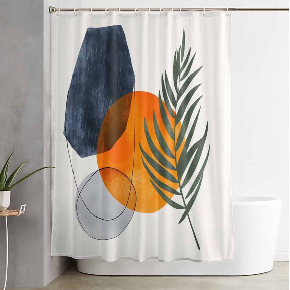Shower Curtain, Mid Century Tropical Boho Leaf Geometric Waterproof Shower Curtain Set with Hooks for Bathroom Showers,Stalls and Bathtubs,60x72In Abstract Minimalist Terracotta