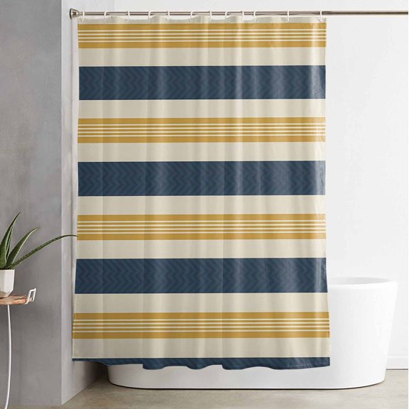Shower Curtain, Minimalist Blue Dark Yellow Stripe Waterproof Shower Curtain Set with Hooks for Bathroom Showers,Stalls and Bathtubs,72x84In Retro Line Geometric Art