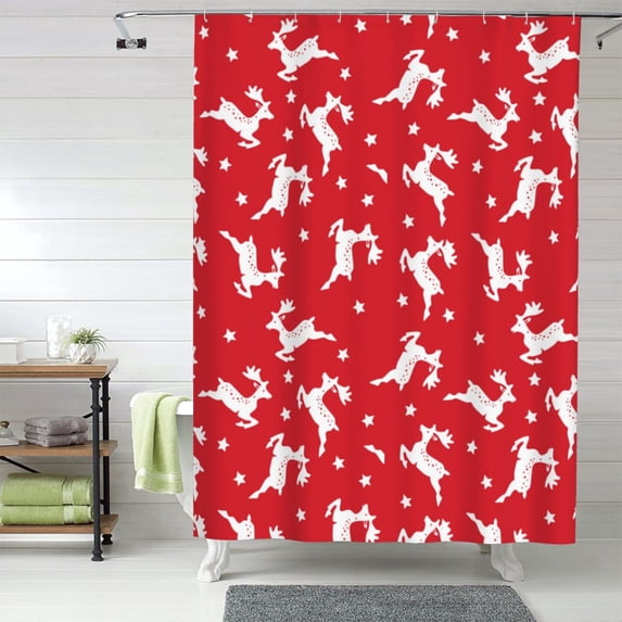 Shower Curtain, Minimalist Cute Deer Red White Waterproof Fabric Plastic Shower Curtain, Drying Fast Bathroom Curtain with 9 Buttonholes, Ruffle Shower Curtain 60x72in