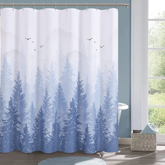 Shower Curtain Misty Blue Shower Curtain Set Blue Shower Curtain for Bathroom Mountain Nature Tree Plant Sea Beach Fabric Shower Curtains Waffle Bath Curtains Hotels Spa, 72x72 inch