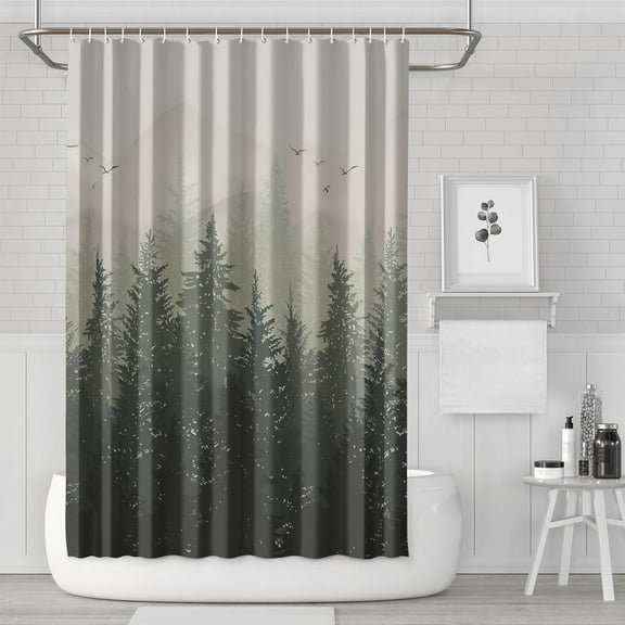 Shower Curtain Misty Forest Shower Curtains for Bathroom Mountain Nature Tree Shower Curtain Set Water Repellent Shower Curtain for Bathtubs Hotel, 72x72 inch, Black