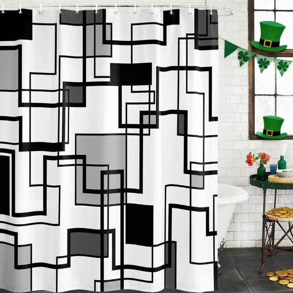 Shower Curtain, Modern Abstract Square Stripes Waterproof Shower Curtain Set with Hooks for Bathroom Showers,Stalls and Bathtubs,60x72In Gray Black White Geometric Art