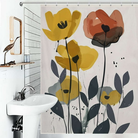 Shower Curtain Modern Art Flower Pattern Bath Curtain Polyester Fabric Bathroom Ration With Hooks