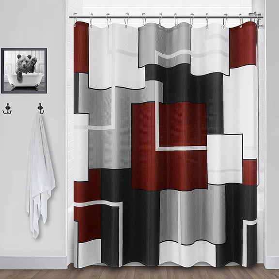 Shower Curtain Modern Geometric Wine Shower Curtain Set with Hooks Red and White Shower Curtains for Women Bathroom Decor Waterproof Bathroom Curtains Shower Set Bath Curtain, 72x72, Ruby Red Rio