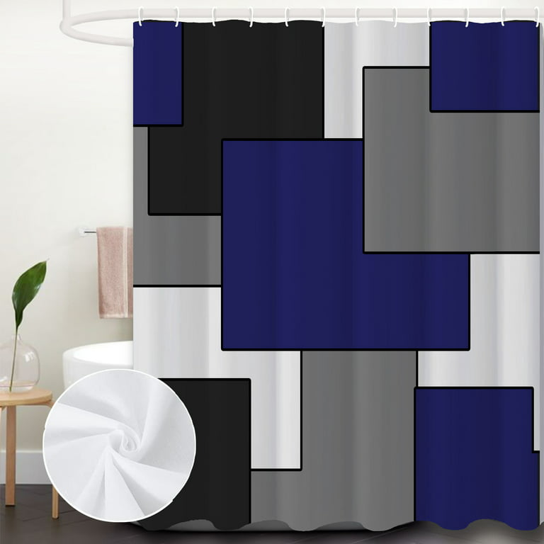 Shower Curtain Modern Navy Blue and Black Shower Curtain Set White Grey Geometric Bath Curtain Waffle Fabric Polyester for Bathroom Decor Accessories