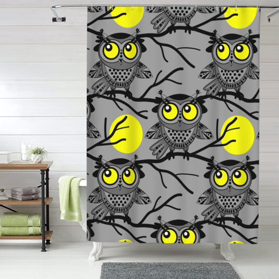 Shower Curtain, Moon Owl - Gray Waterproof Fabric Plastic Shower Curtain, Drying Fast Bathroom Curtain with 9 Buttonholes, Ruffle Shower Curtain 60x72in