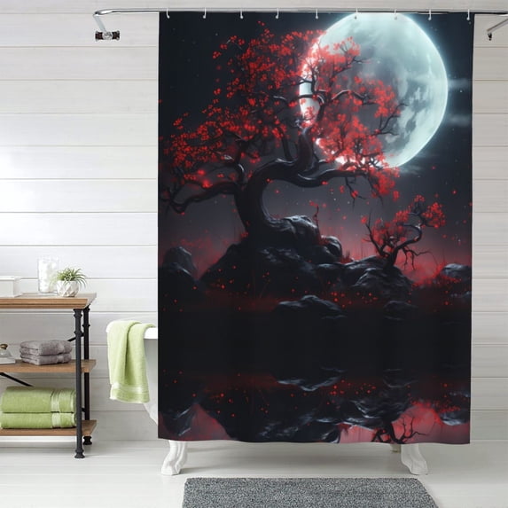 Shower Curtain, Moon Starry Sky Red Tree Waterproof Fabric Plastic Shower Curtain, Drying Fast Bathroom Curtain with 9 Buttonholes, Ruffle Shower Curtain 60x72in