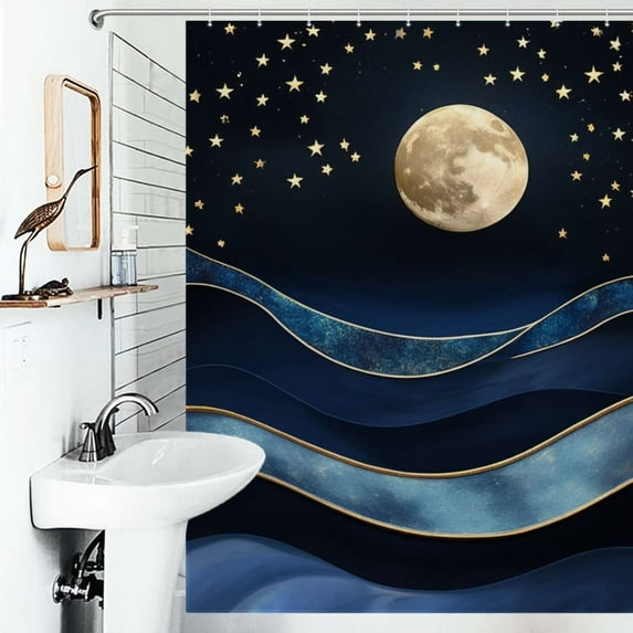 Shower Curtain Moonlit Ocean Waves-2 Bath Curtain Polyester Fabric Bathroom Ration With Hooks