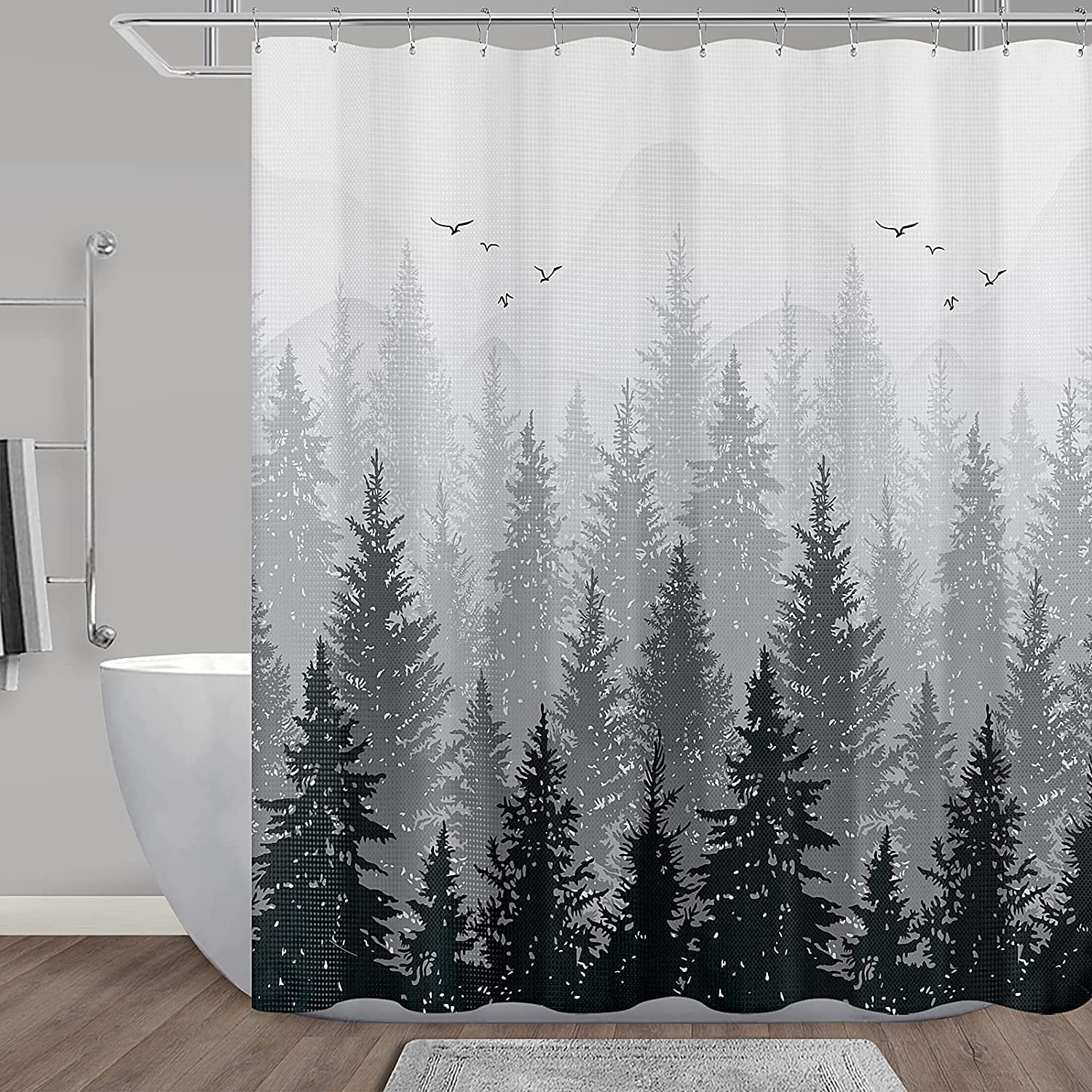 Shower Curtain Mountain Forest Nature Tree Fabric Shower Curtains for Bathroom Water Repellent Shower Curtain Set Bathtubs Hotel Style Extra Long Shower Curtains 84 inches, 72x84 Inch Black