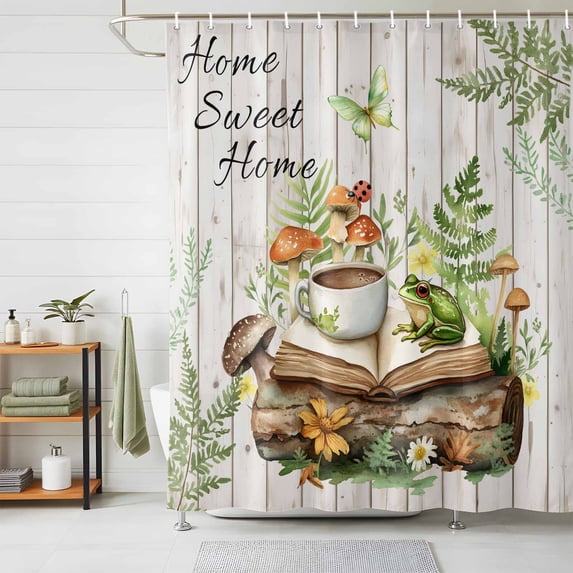 Shower Curtain Mushroom Frog Shower Curtains for Bathroom Decor, Waterproof Polyester Shower Curtain Set with Hooks, Standard Size 72" x 72" Bread Coffee Book Wood Grain