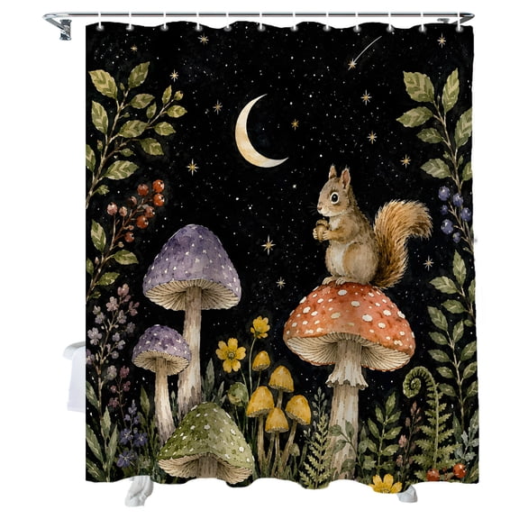 Shower Curtain Mushroom Squirrel Shower Curtains for Bathroom Bathtub, Waterproof Fabric Shower Curtain Set with Hooks, Small Stall Size 36" x 72" Moon Star Fern Forest Animal