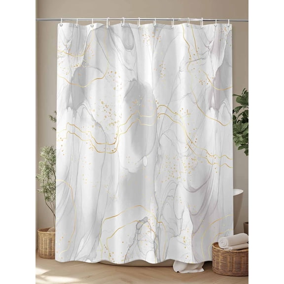 Shower Curtain, Natural White Grey Marble Stone Waterproof Shower Curtain Set with Hooks for Bathroom Showers,Stalls and Bathtubs,72x72In Abstract Agate Gold Stripe