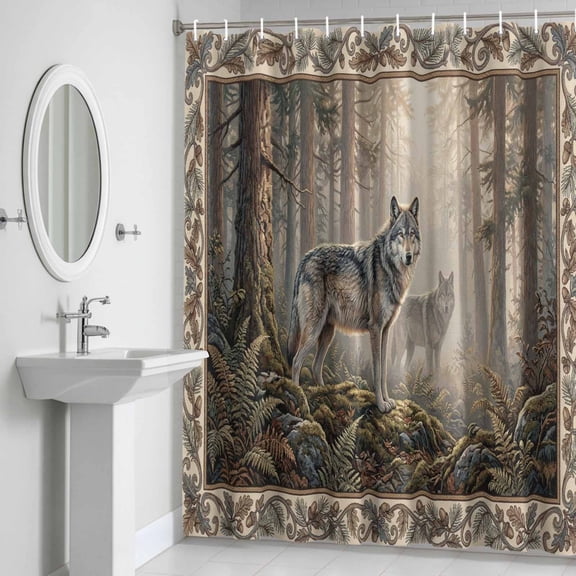 Shower Curtain, Natural Wild Wolf Forest Scenery Waterproof Shower Curtain Set with Hooks for Bathroom Showers,Stalls and Bathtubs,72x72In Animal Botanical Tree Plant