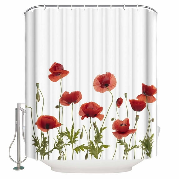 Shower Curtain, Nature Flowers Garden Red Blossoms Floral Waterproof Shower Curtain Set with Hooks for Bathroom Showers,Stalls and Bathtubs,72x84In Green Plant