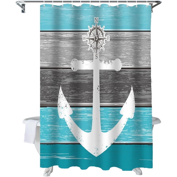 Shower Curtain Nautical Anchor Shower Curtains for Bathroom Decor Vintage Wood Grain Aqua Green Shower Curtain Sets with Hooks Waterproof Fabric Bath Curtain Standard 72" X 72"