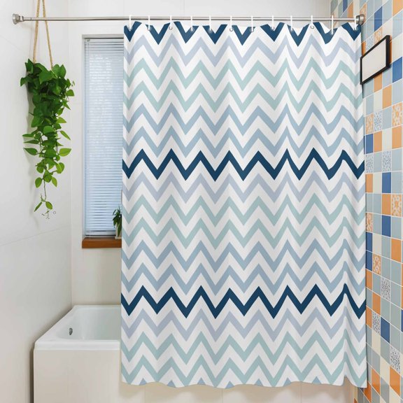 Shower Curtain, Nautical Blue Herringbone Waterproof Polyester Fabric Bath Curtain with Hooks for Bathroom Bathtub Stalls, Abstract Geometric Wavy Lines 72x72IN