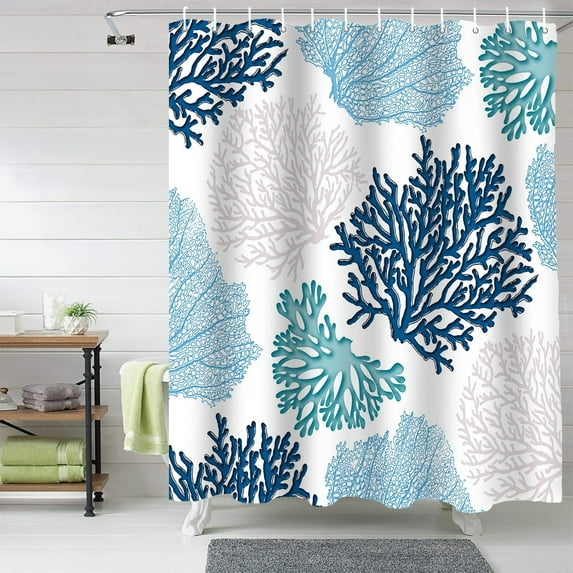 Shower Curtain Nautical Coastal Ocean Coral Shower Curtains for Bathroom Decor Beach Themed Blue Shower Curtain Sets with Hooks Waterproof Fabric Bath Curtain Small Stall 36" X 72"