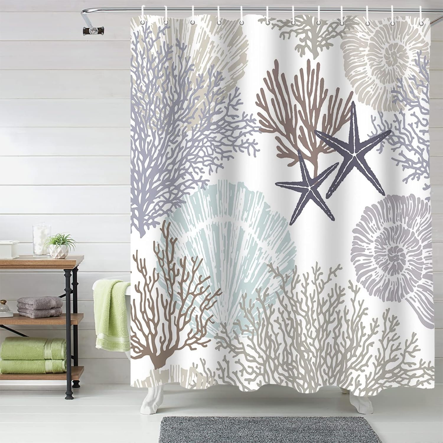 Shower Curtain Nautical Coastal Ocean Coral Shower Curtains for Bathroom Decor Beach Themed Grey Shower Curtain Sets with Hooks Waterproof Fabric Bath Curtain Standard 72" X 72"