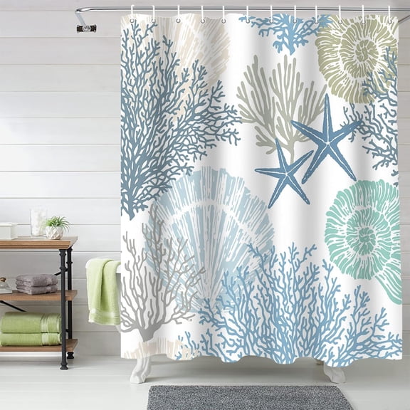 Shower Curtain Nautical Coastal Ocean Coral Shower Curtains for Bathroom Decor Starfish Beach Blue Teal Shower Curtain Sets with Hooks Waterproof Fabric Bath Curtain Standard 72" X 72"