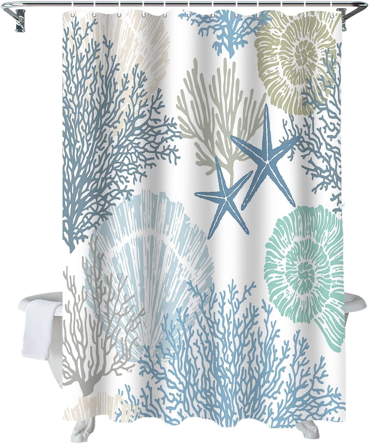 Shower Curtain Nautical Coastal Ocean Coral Shower Curtains for Bathroom Decor Starfish Beach Blue Teal Shower Curtain Sets with Hooks Waterproof Fabric Bath Curtain Small Stall 36" X 72"