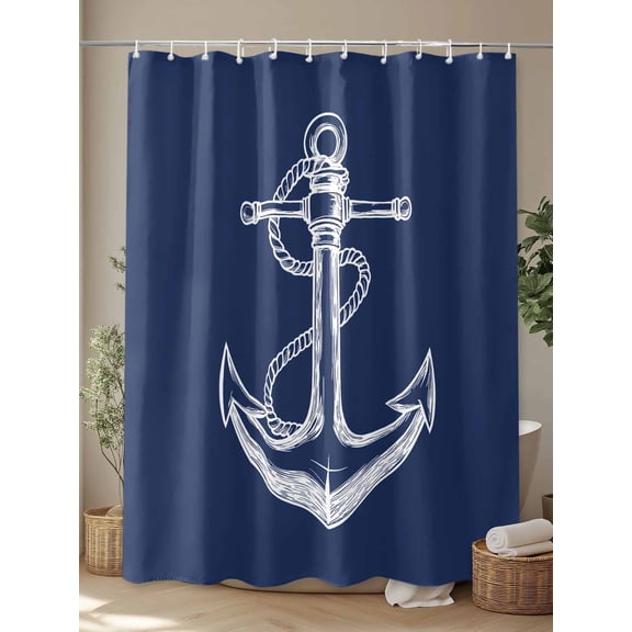 Shower Curtain, Nautical Sailing Anchor String Sketch Waterproof Shower Curtain Set with Hooks for Bathroom Showers,Stalls and Bathtubs,72x72In Marine Navy Blue White