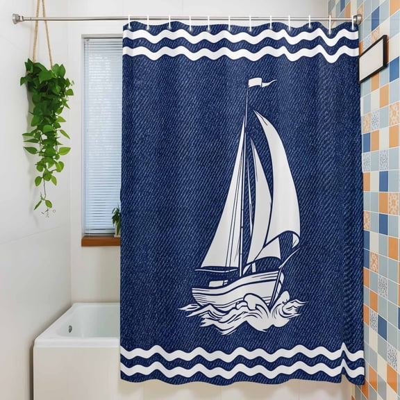 Shower Curtain, Nautical Sailing Boat on Steel Blue Waterproof Polyester Fabric Bath Curtain with Hooks for Bathroom Bathtub Stalls, Vintage Water Waves 36x72IN