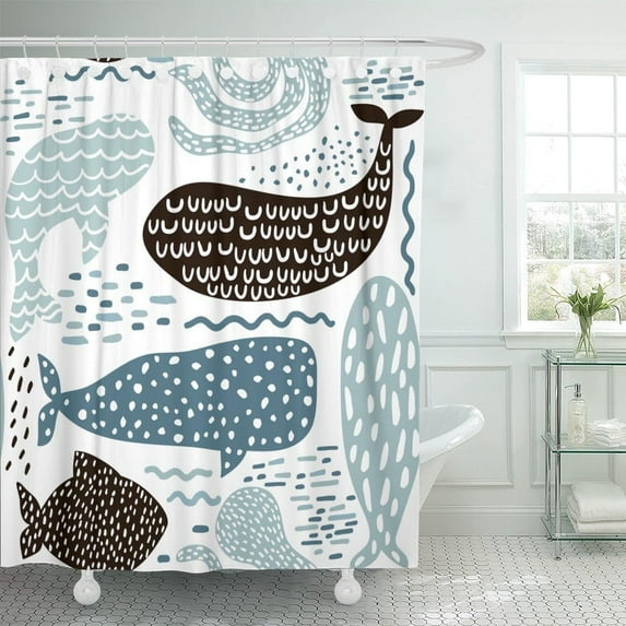 Shower Curtain Nautical Sea Animal Kids Fur Seal Whale Octopus Fish Childish Waterproof Polyester Fabric 72 x 72 inches Set with Hooks