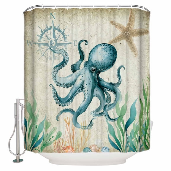 Shower Curtain, Nautical Sea Monster Octopus Waterproof Shower Curtain Set with Hooks for Bathroom Showers,Stalls and Bathtubs,36x72In Vintage Compass