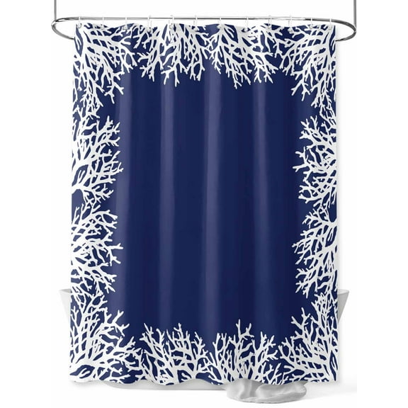 Shower Curtain Navy Blue Coral Bathroom Curtains with Hooks, Waterproof Fabric Coastal Marine Life Bath Shower Curtains Set for Bathroom Bathtubs Decor 36x72 Inch