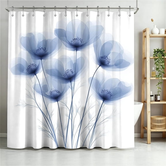 ARTSLION Shower Curtain Navy Blue Geometric Water Repellent Shower Curtain Set, With Hooks,Machine Washable, Modern Decorative Polyester Cloth Shower Curtains For Bathroom,72X72,Blue Flowers