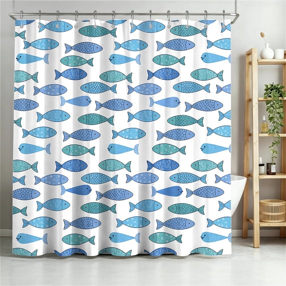 ARTSLION Shower Curtain Navy Blue Geometric Water Repellent Shower Curtain Set, With Hooks,Machine Washable, Modern Decorative Polyester Cloth Shower Curtains For Bathroom,36X72,Fishes