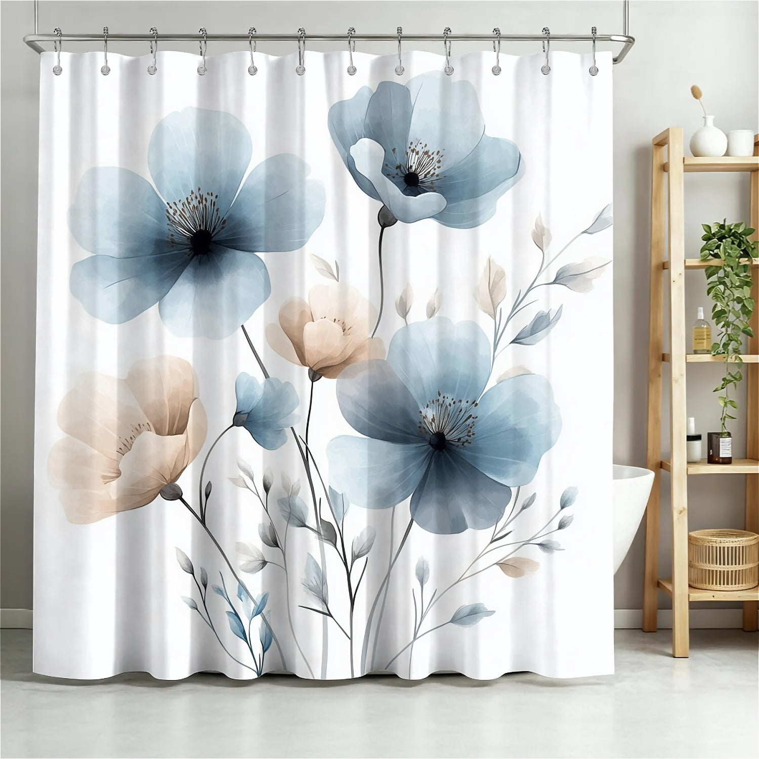 Shower Curtain Navy Blue Geometric Water Repellent Shower Curtain Set, With Hooks，Machine Washable, Modern Decorative Polyester Cloth Shower Curtains For Bathroom,72"x84",Blue Beige Floral Art