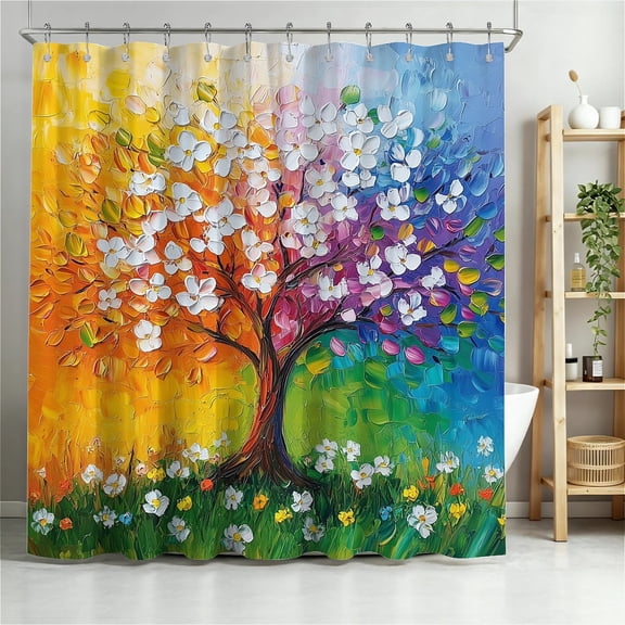 ARTSLION Shower Curtain Navy Blue Geometric Water Repellent Shower Curtain Set, With Hooks,Machine Washable, Modern Decorative Polyester Cloth Shower Curtains For Bathroom,72X84,Rainbow Blossom Tree