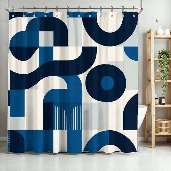Shower Curtain Navy Blue Geometric Water Repellent Shower Curtain Set, with Hooks，Machine Washable, Modern Decorative Polyester Cloth Shower Curtains for Bathroom