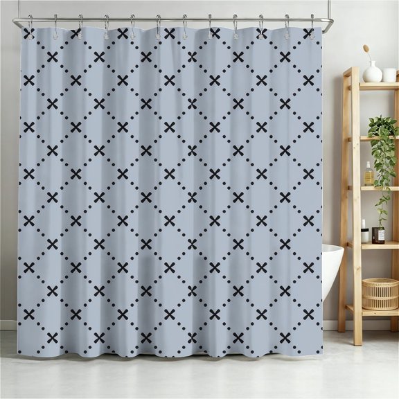 Shower Curtain Navy Blue Geometric Water Repellent Shower Curtain Set, With Hooks，Machine Washable, Modern Decorative Polyester Cloth Shower Curtains For Bathroom,72"x72",Cross Grid