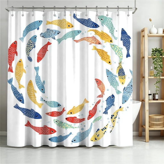 Shower Curtain Navy Blue Geometric Water Repellent Shower Curtain Set, With Hooks，Machine Washable, Modern Decorative Polyester Cloth Shower Curtains For Bathroom,72X72,Colorful Fish Circle Art