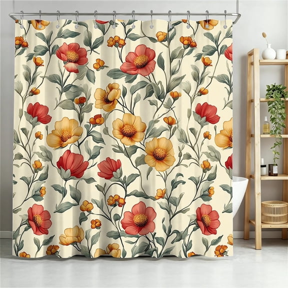 ARTSLION Shower Curtain Navy Blue Geometric Water Repellent Shower Curtain Set, With Hooks,Machine Washable, Modern Decorative Polyester Cloth Shower Curtains For Bathroom,72X84,Red Yellow Flowers