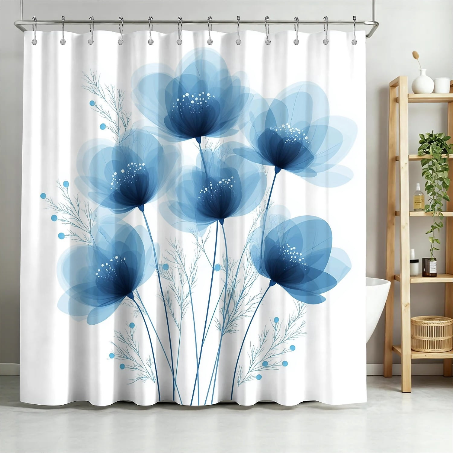 ARTSLION Shower Curtain Navy Blue Geometric Water Repellent Shower Curtain Set, With Hooks，Machine Washable, Modern Decorative Polyester Cloth Shower Curtains For Bathroom,72X84,Azure Bloom