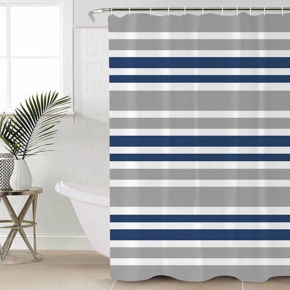 Shower Curtain, Navy Blue Stripe Grey Line Waterproof Shower Curtain Set with Hooks for Bathroom Showers,Stalls and Bathtubs,60x72In Modern Minimalist Style