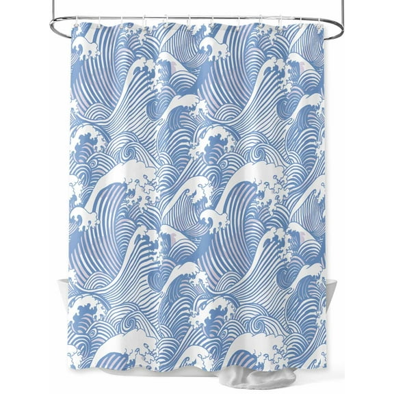 Shower Curtain Navy Blue Waves Bathroom Curtains with Hooks, Waterproof Fabric Ocean Lines Stripes Bath Shower Curtains Set for Bathroom Bathtubs Decor 72x72 Inch