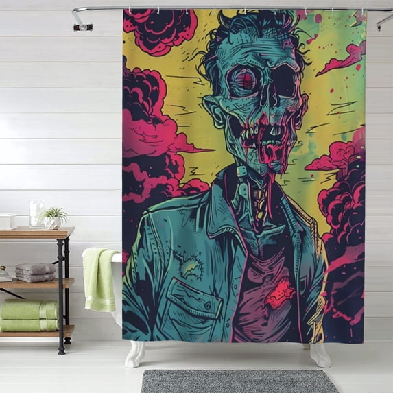 Shower Curtain, Neon Zombie Skull Waterproof Fabric Plastic Shower Curtain, Drying Fast Bathroom Curtain with 9 Buttonholes, Ruffle Shower Curtain 60x72in