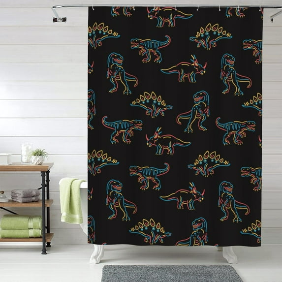 Shower Curtain, Neon dinosaur Waterproof Fabric Plastic Shower Curtain, Drying Fast Bathroom Curtain with 9 Buttonholes, Ruffle Shower Curtain 60x72in