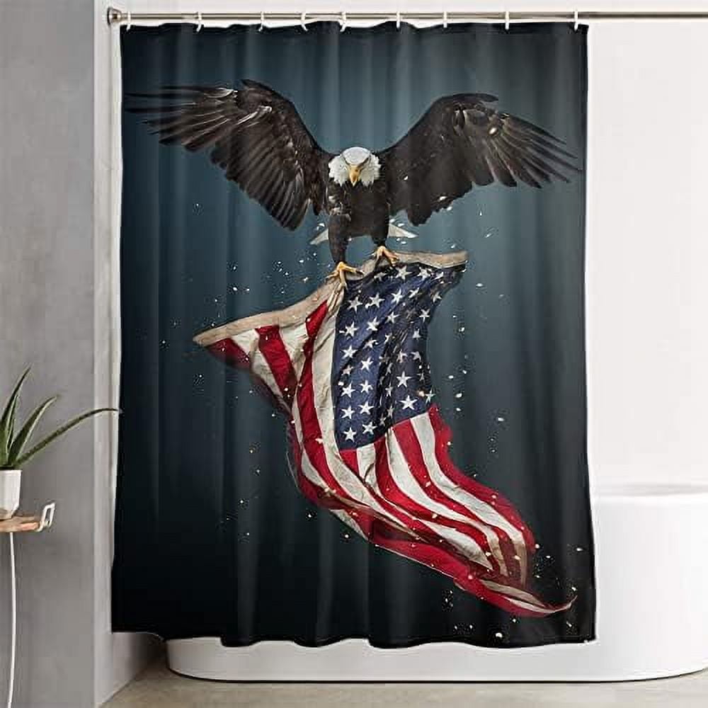 Shower Curtain North American Bald Eagle Flying With American Flag