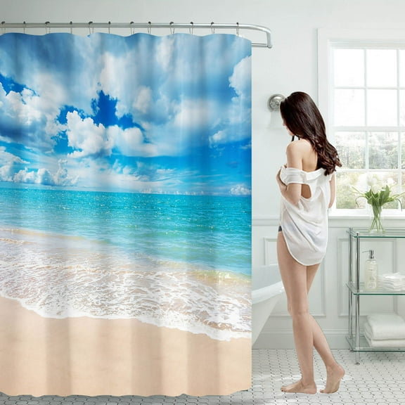 Shower Curtain,Ocean Beach Print Shower Curtain 70x70 Inch With 12 Plastic Hooks Waterproof Shower Curtain Bathroom Heavy Side Shower Curtain Machine Washable Quick Dry