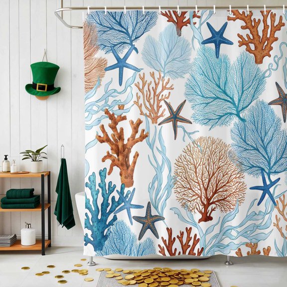 Shower Curtain, Ocean Life Coral Seaweed Starfish Waterproof Shower Curtain Set with Hooks for Bathroom Showers,Stalls and Bathtubs,72x72In Watercolor Marine Theme