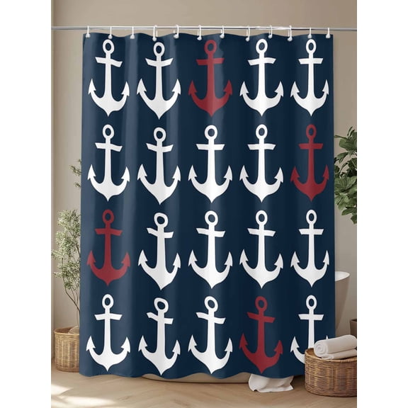 Shower Curtain, Ocean Nautical White and Red Ship's Anchor Waterproof Shower Curtain Set with Hooks for Bathroom Showers,Stalls and Bathtubs,72x72In Dark Blue