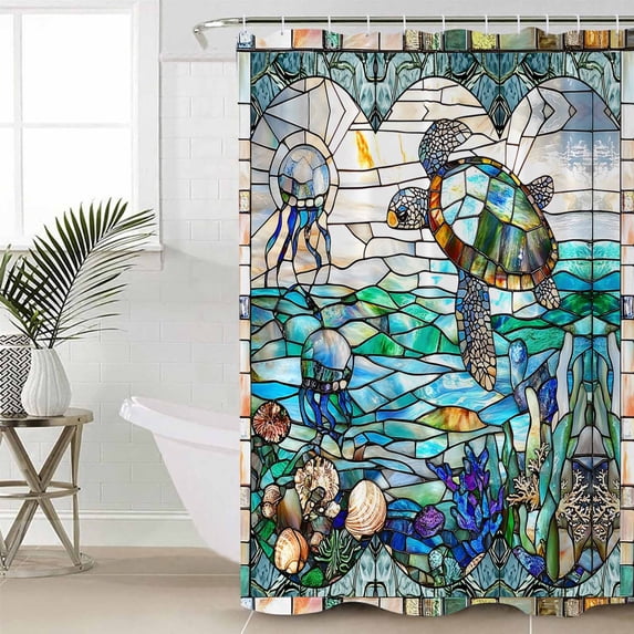 Shower Curtain, Ocean Sea Turtle Coral Underwater World Waterproof Shower Curtain Set with Hooks for Bathroom Showers,Stalls and Bathtubs,60x72In Vintage Window Grilles