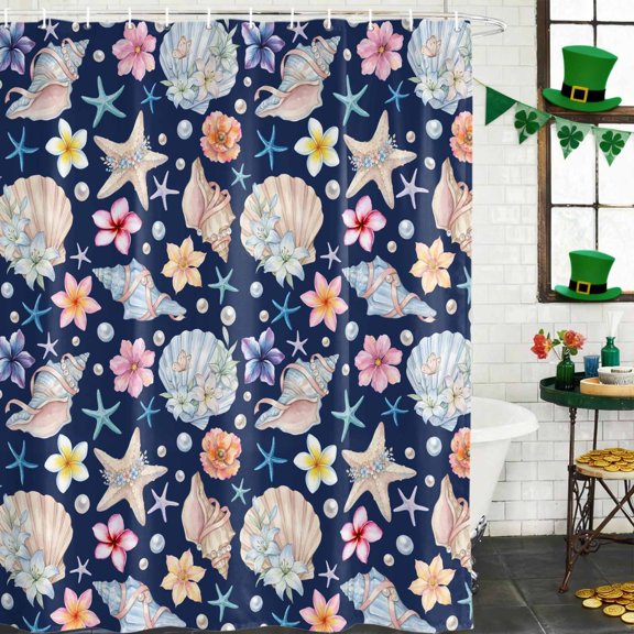 Shower Curtain, Ocean Starfish Shell Conch Pearl Waterproof Shower Curtain Set with Hooks for Bathroom Showers,Stalls and Bathtubs,60x72In Summer Flower Navy Blue Back