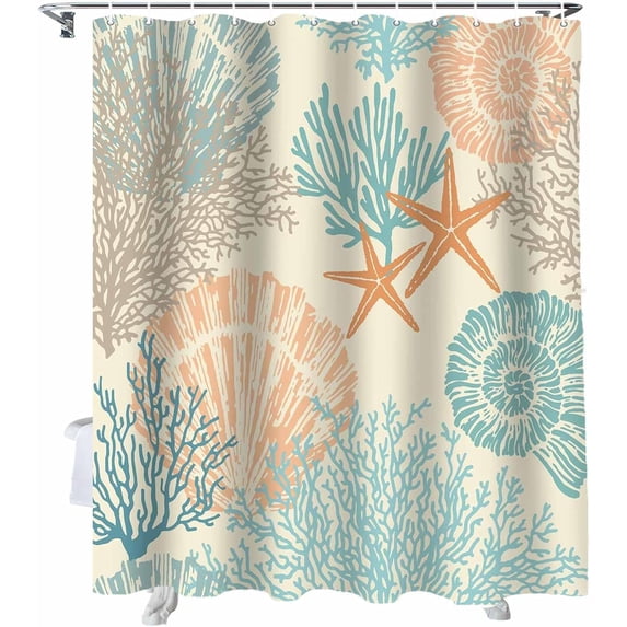Shower Curtain Ocean Starfish Shell Coral Shower Curtains for Bathroom Decor Marine Abstract Retro Shower Curtain Sets with Hooks Waterproof Fabric Bath Curtain Standard 72" X 72"