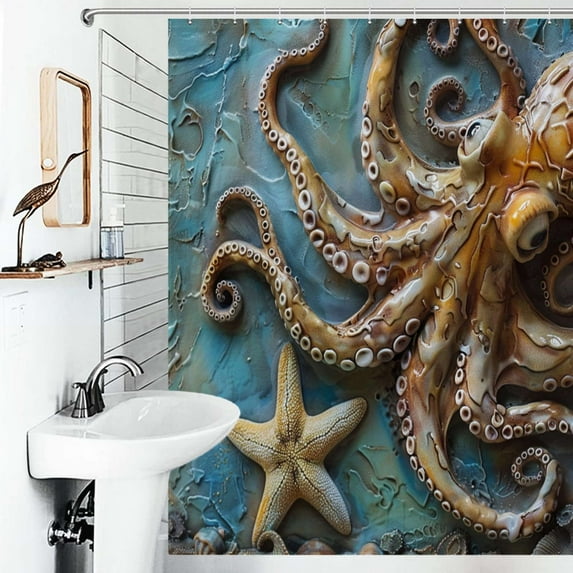 Shower Curtain Octopus And Starfish Art Painting Bathroom Waterproof Polyester Home Ration Curtain With Hook